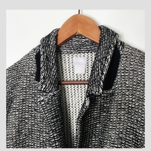 Chicos Blazer Jacket Shacket Long Line Black White Frayed Hem Button Front Sz 0 - Picture 5 of 10
